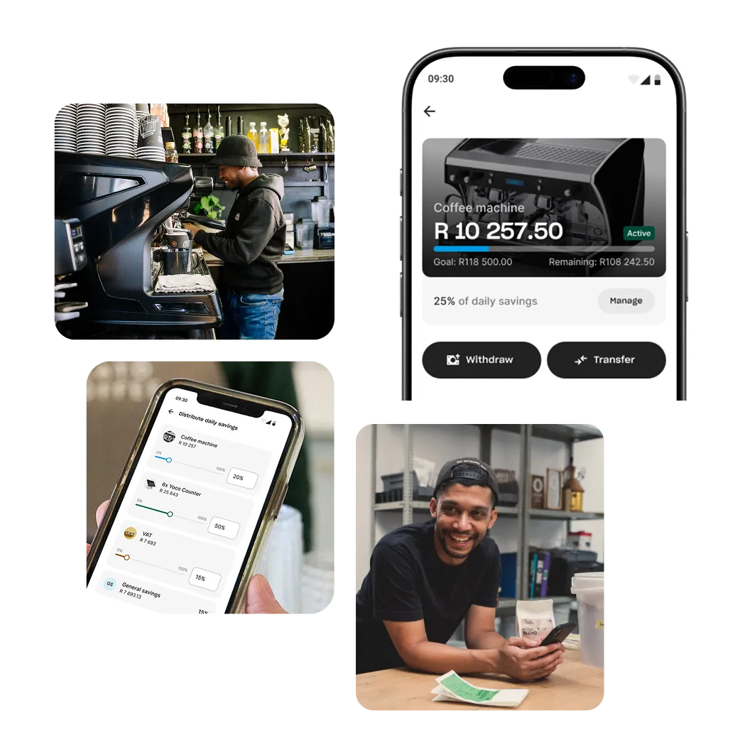 Business owners using Yoco Savings to save for equipment, expenses and future business goals through the Yoco App.
