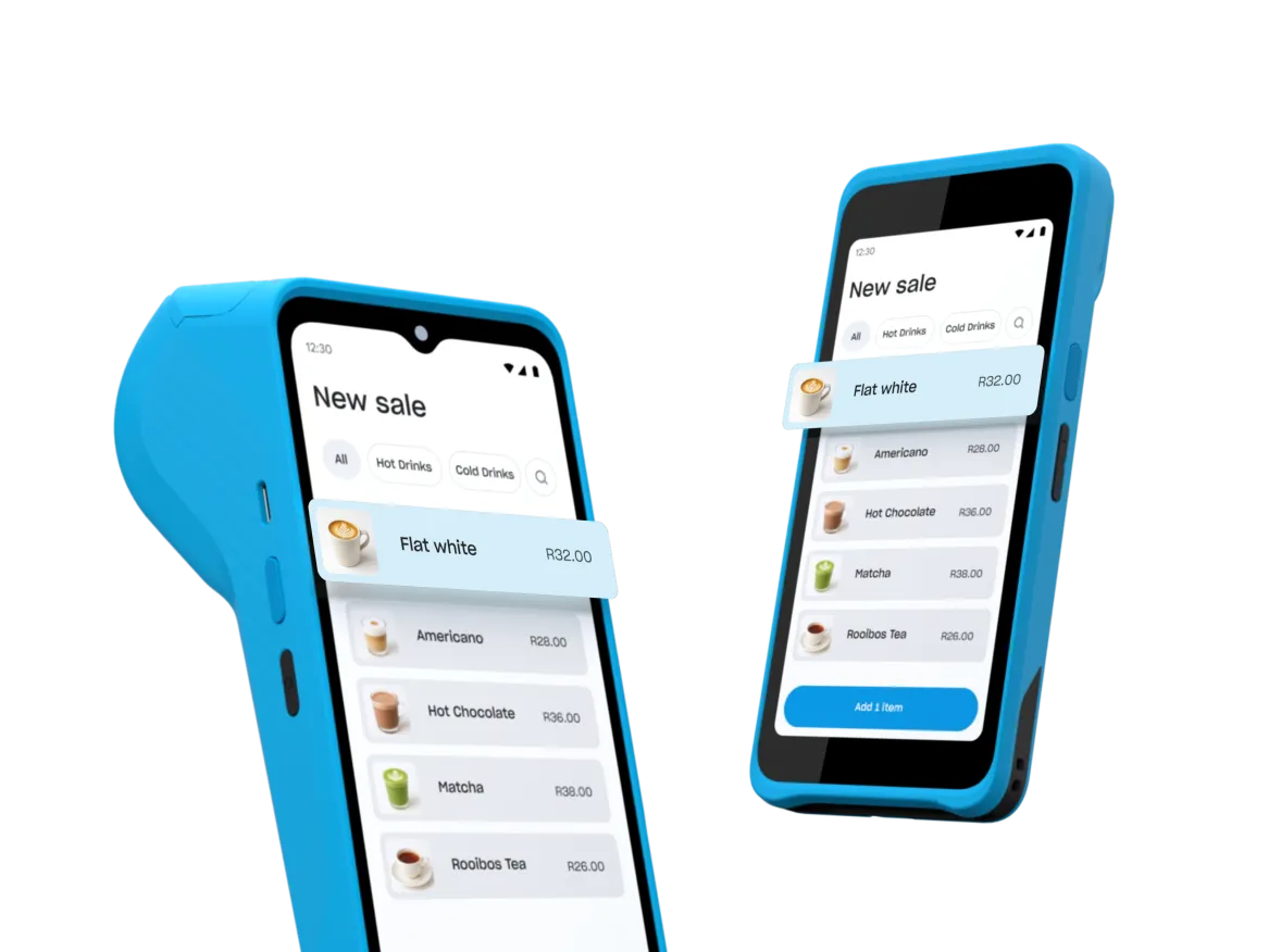 Two blue handheld point-of-sale devices displaying a café menu, with a flat white selected.