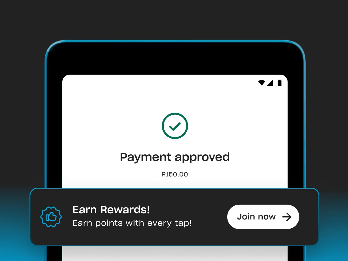 Payment terminal showing an approved payment and an invitation to join the rewards program.