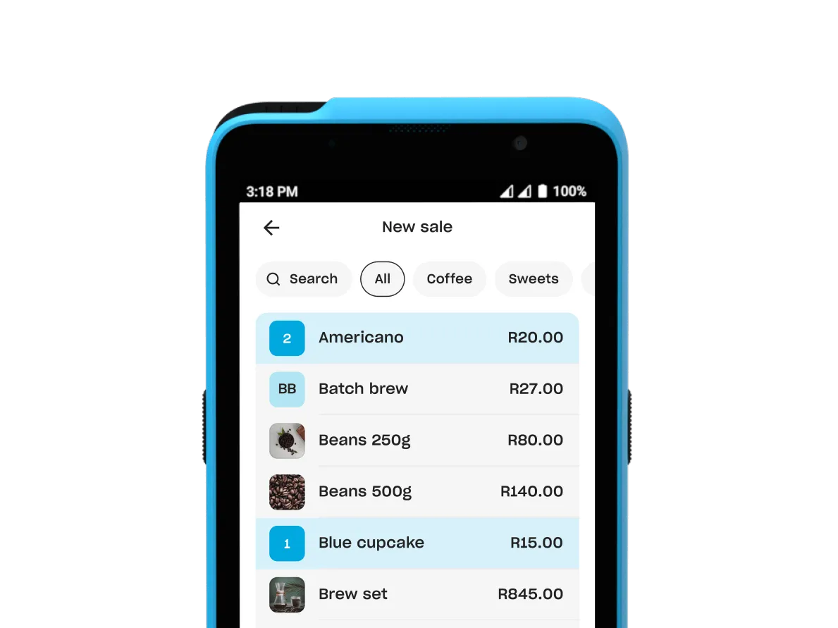 Yoco Khumo point of sale device displaying a new sale screen with product items and prices