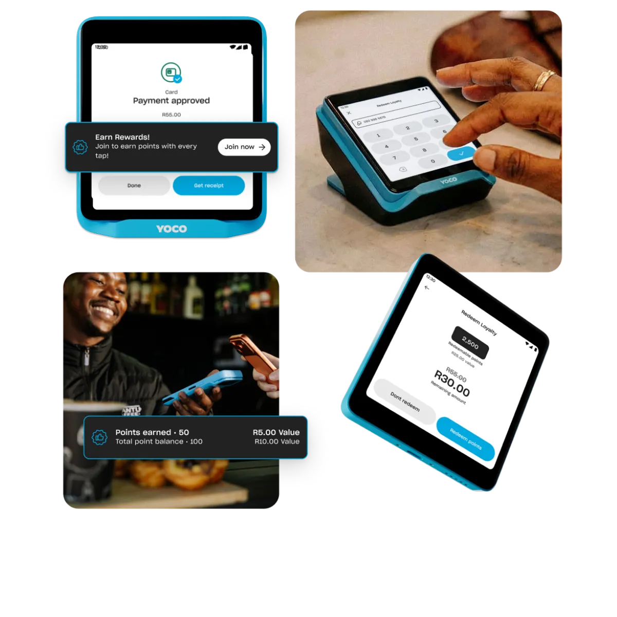 Customers join a loyalty programme, earn rewards and redeem points through Yoco Loyalty.
