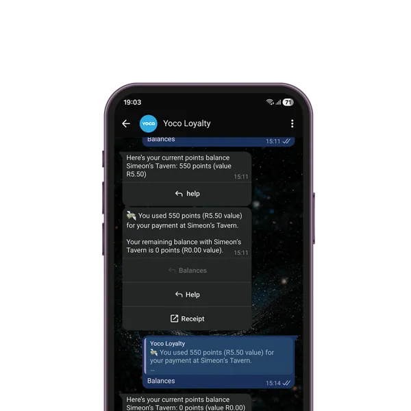 Customer checks their points balance and receives redemption updates through Yoco Loyalty on WhatsApp.