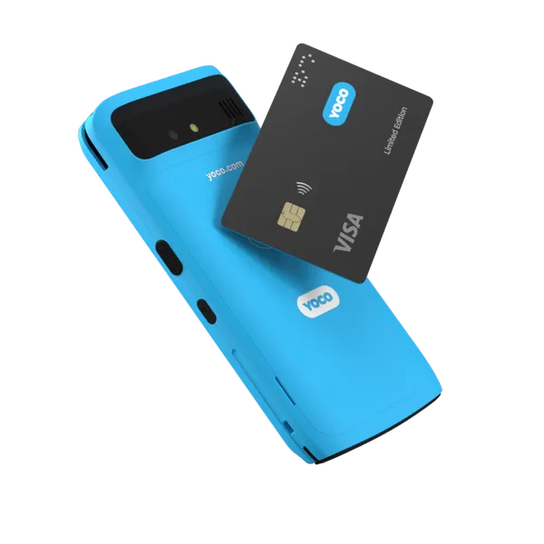 Yoco Khumo card machine with a black Yoco Visa card tapped for contactless payment.