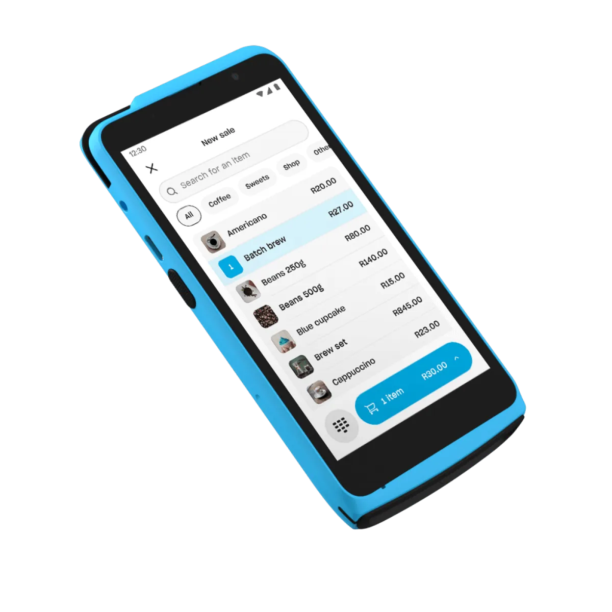 Yoco Khumo POS device displaying a sales screen with product listings and prices for fast transactions.