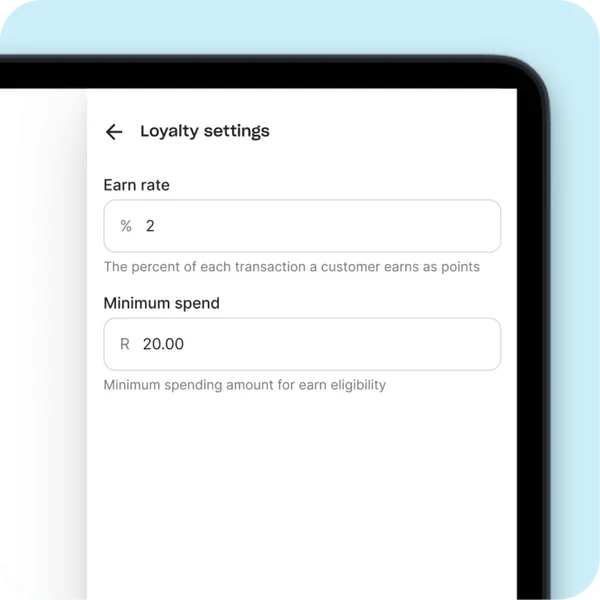 Merchant configures Yoco Loyalty programme settings, including the points earn rate and minimum spend required to earn rewards.