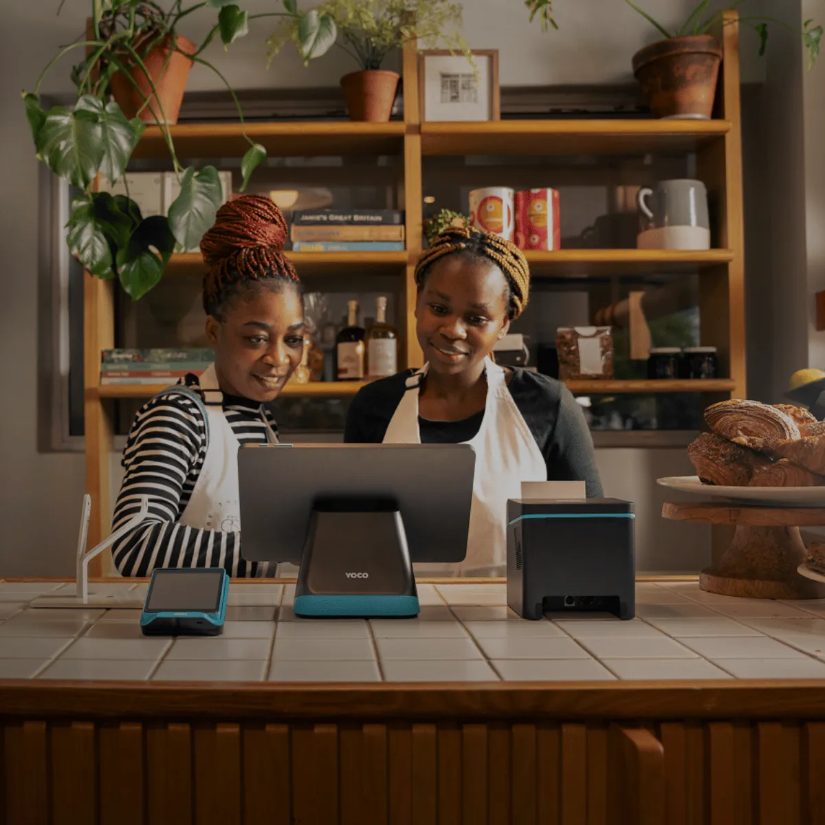 Collage showing Yoco POS systems in use across cafés and retail stores, including tablets, card machines, and payment screens.