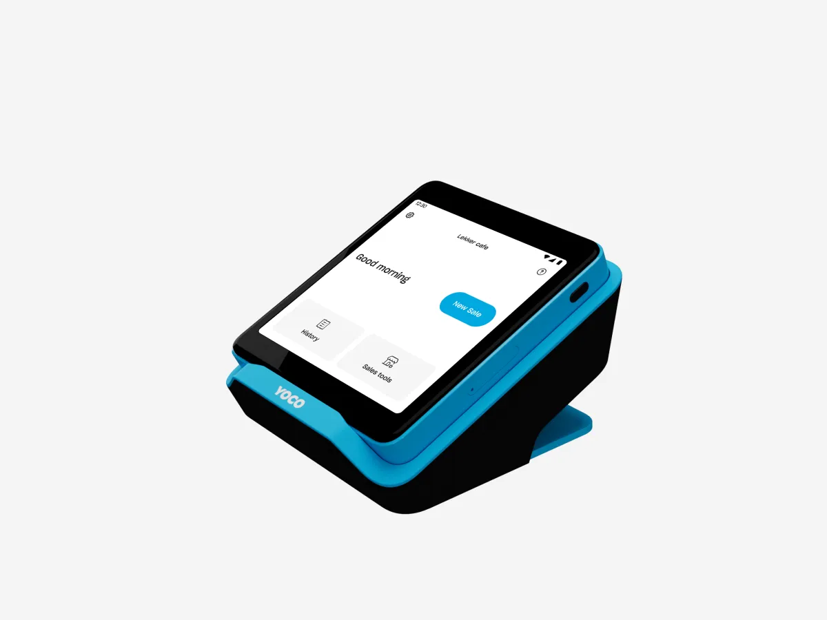 Yoco Neo Touch card machine on a stand, with a smart touchscreen interface for fast payments.
