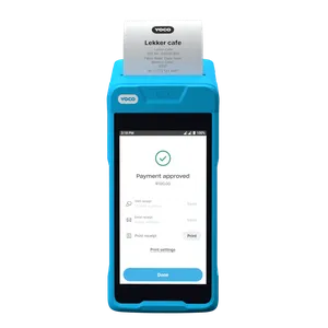 Yoco Khumo Print portable POS terminal displaying a payment approved screen and printing a receipt for Lekker Café