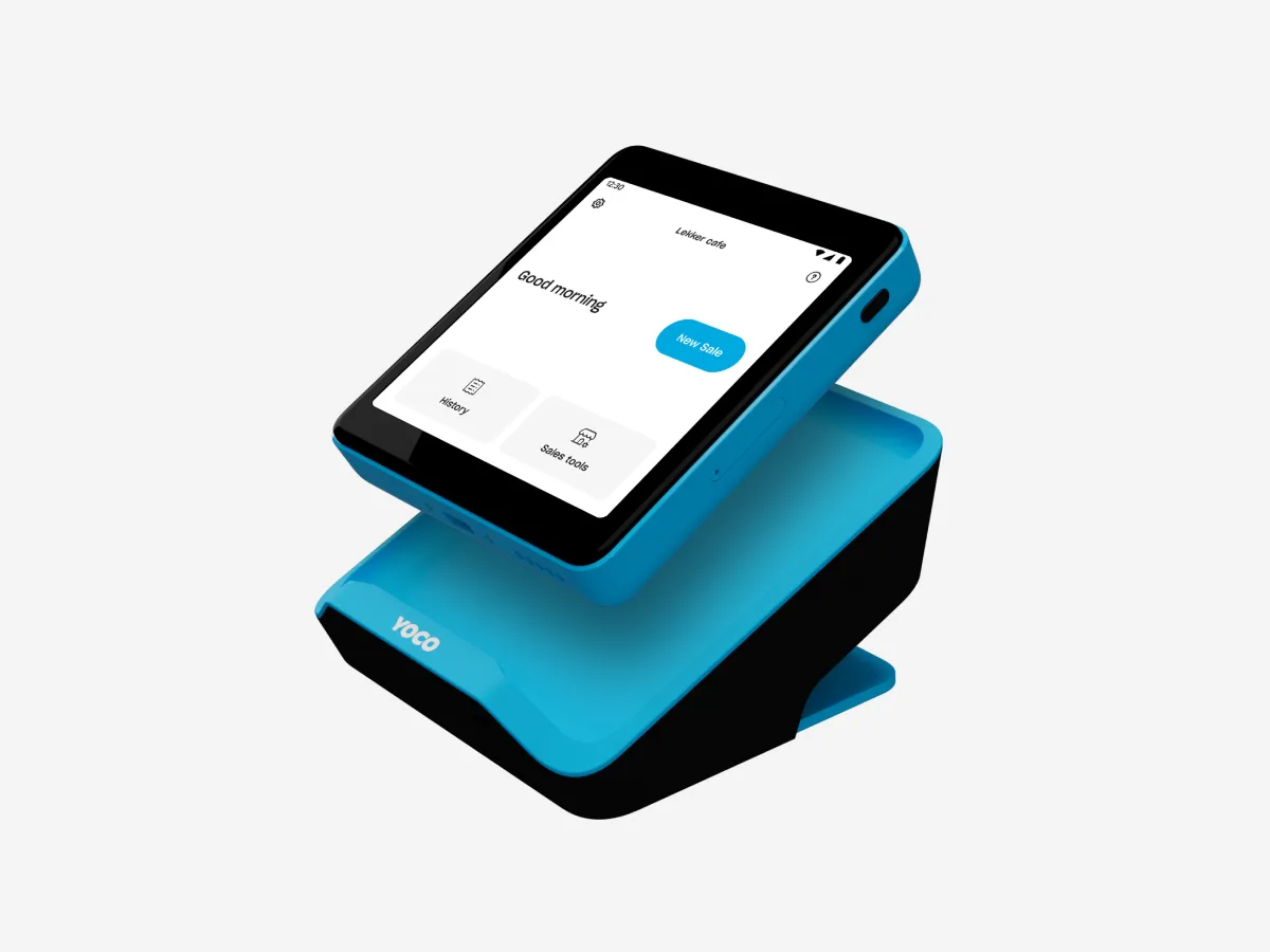 Yoco Neo Touch payment terminal on its stand, showing the touchscreen POS interface.