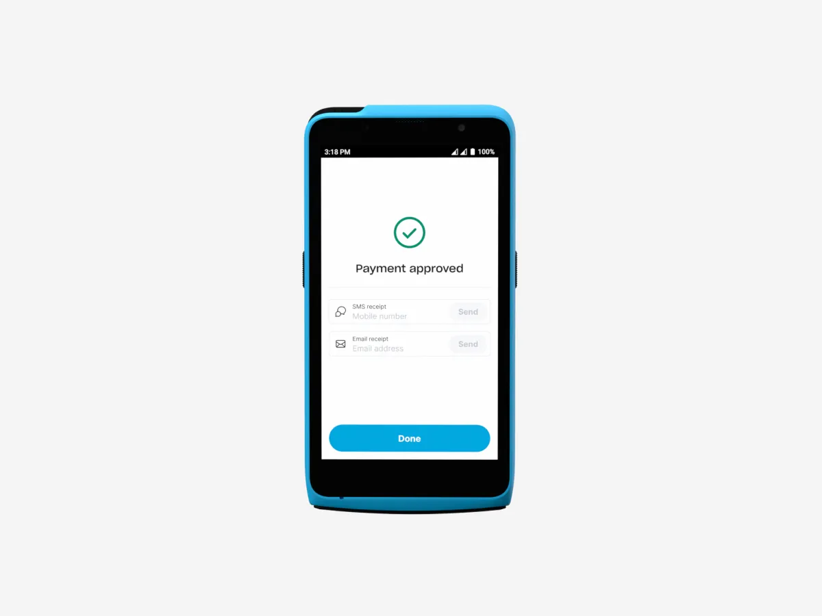 Yoco Khumo point of sale device showing a 'Payment approved' screen with options to send a receipt via SMS or email.