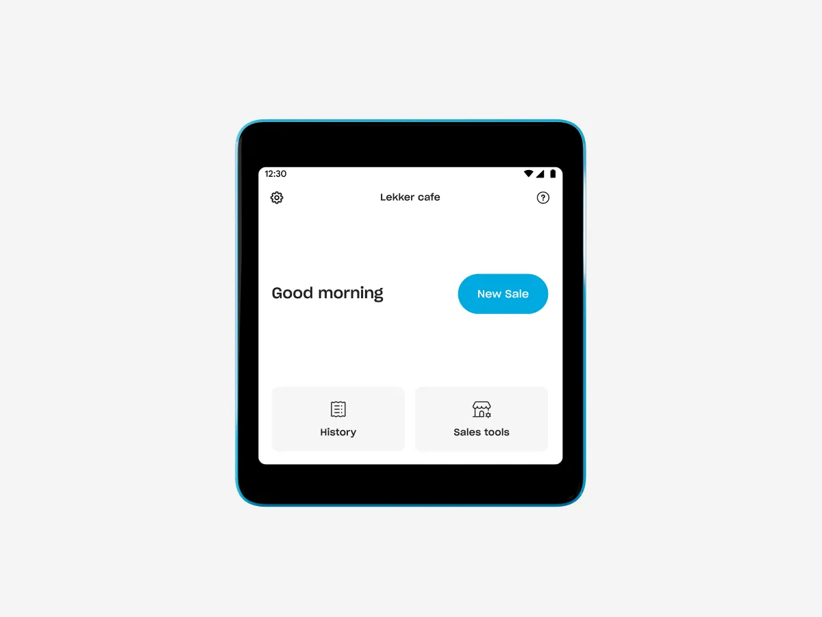 Yoco Neo Touch touchscreen showing the POS interface with options to start a new sale, view history, and access sales tools.