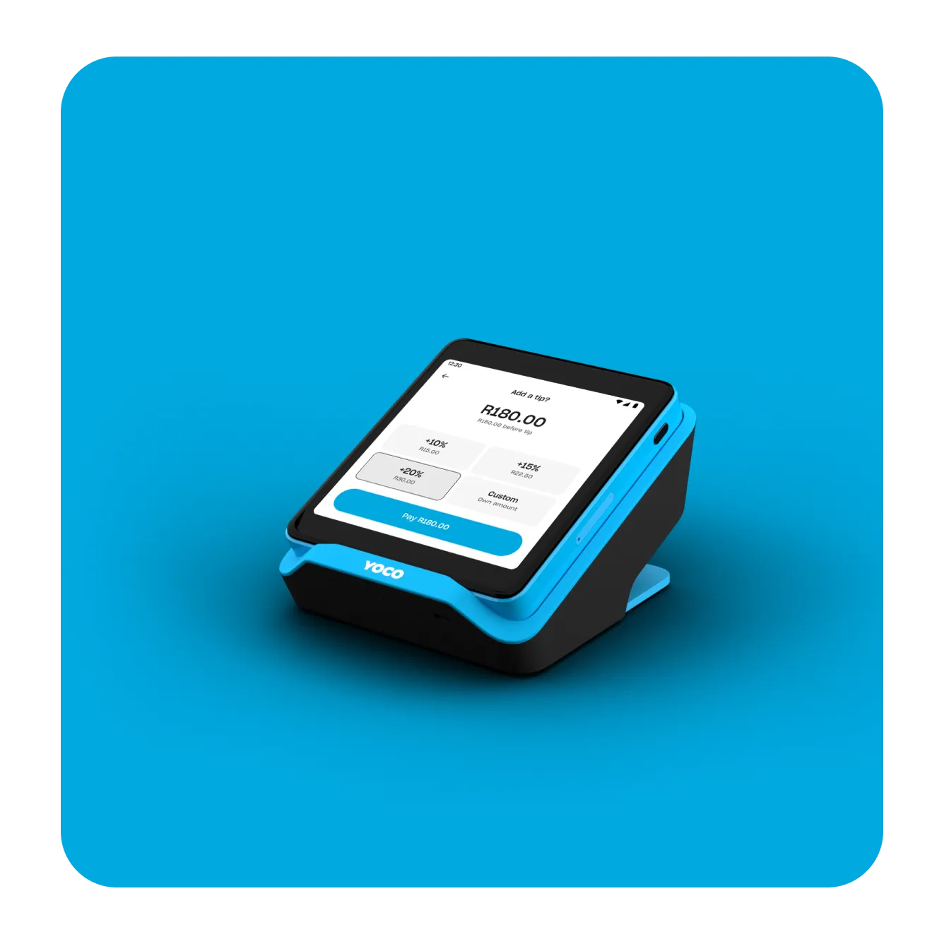Yoco Khumo Print card machine with a built-in stand and point-of-sale.
