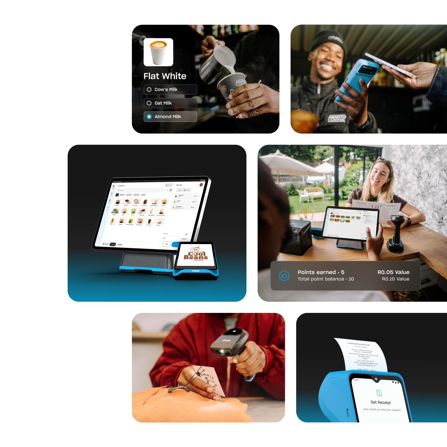 Collage showing a café point-of-sale system in action, including drink customization, card payments, loyalty rewards, barcode scanning, and digital receipts.