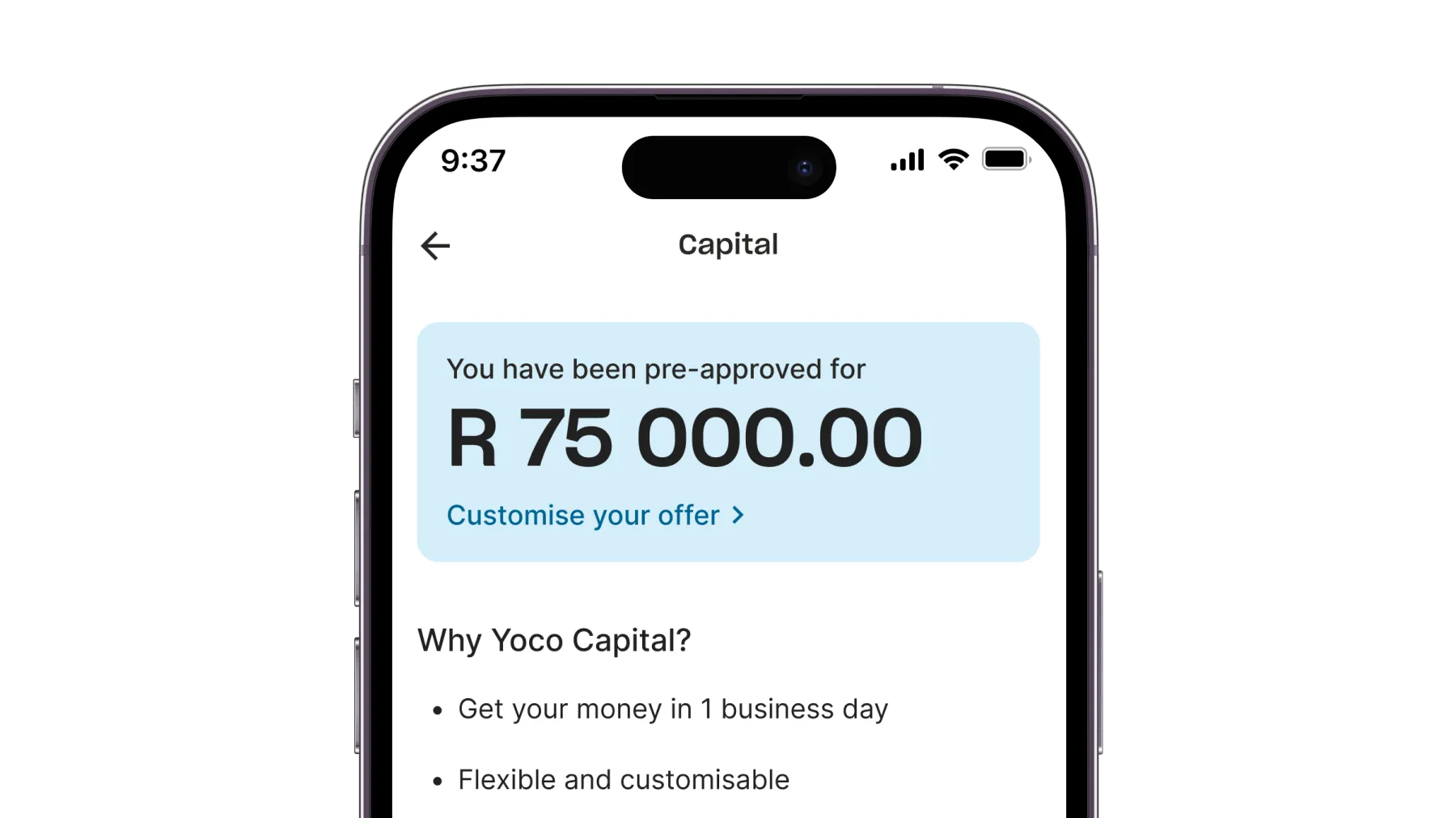 A Yoco Capital pre-approval screen displaying R75,000 in funding, offering fast and flexible financing options for business growth.