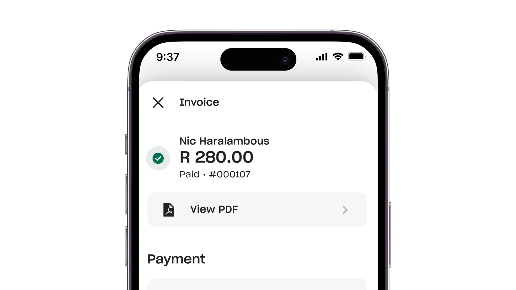 Yoco invoicing screen on a smartphone, showing a paid invoice with a PDF view option.