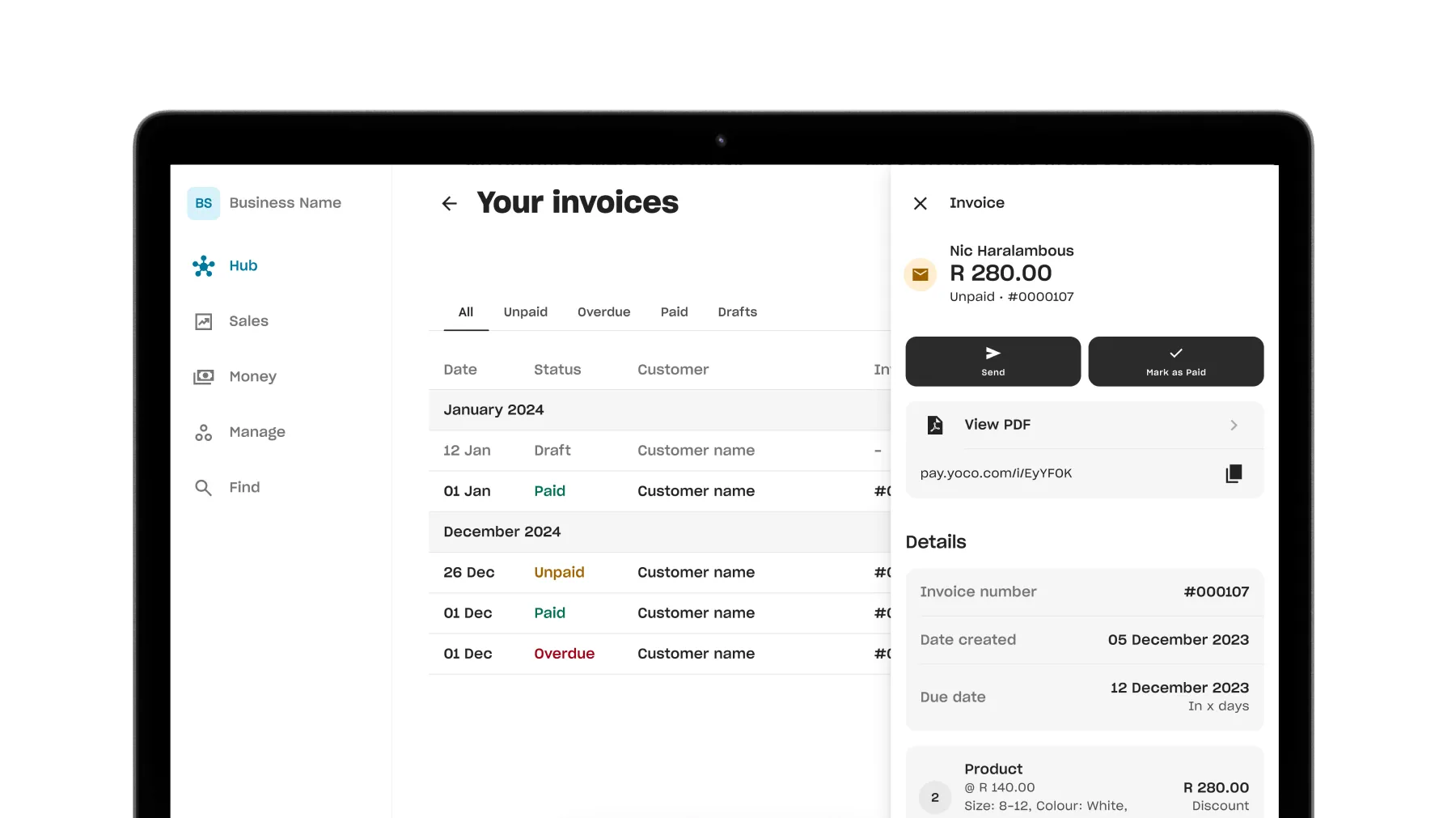 Yoco invoicing dashboard on a laptop, displaying invoice status, payment details, and options to send or mark invoices as paid.