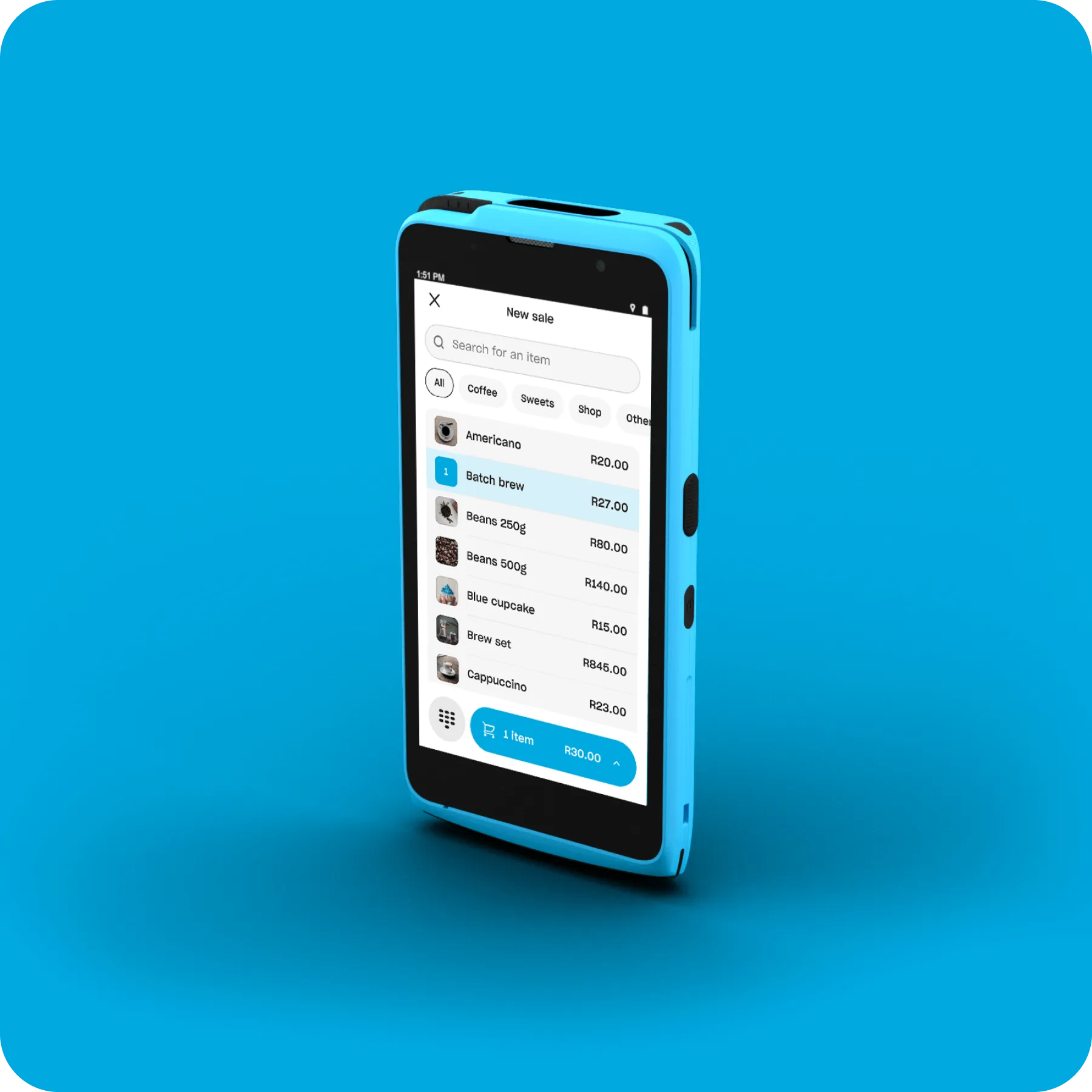 Yoco Khumo POS device displaying an order screen, designed for fast and seamless payments.