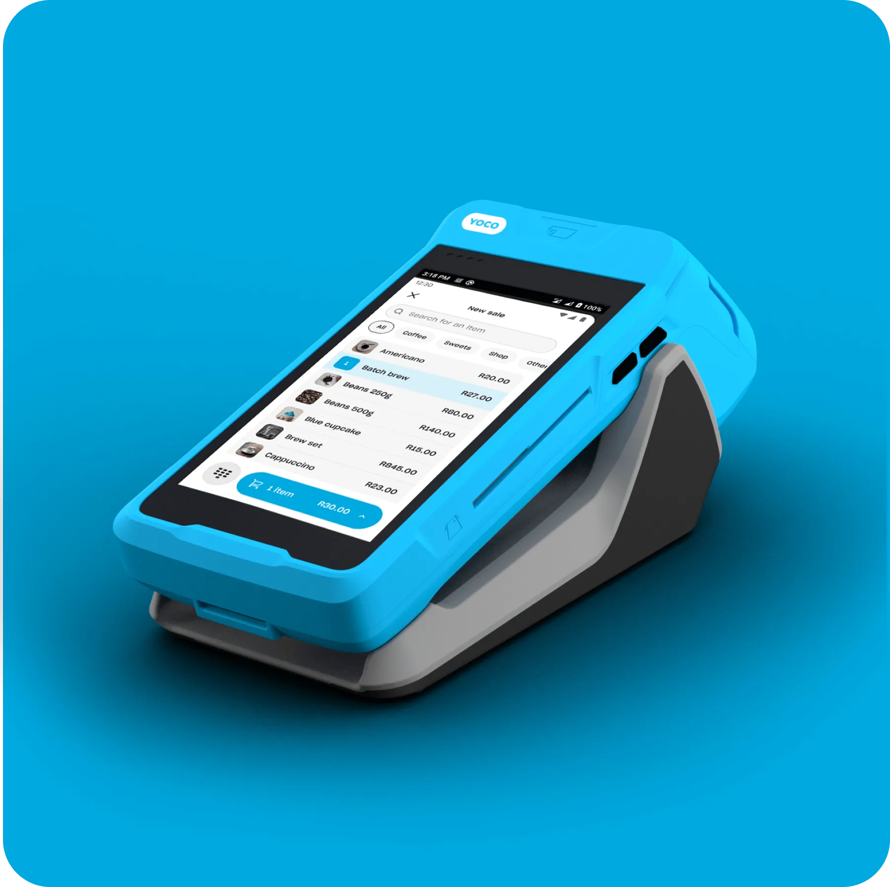 Yoco Khumo with an integrated printer, showcasing a sales screen for easy payments and order management.