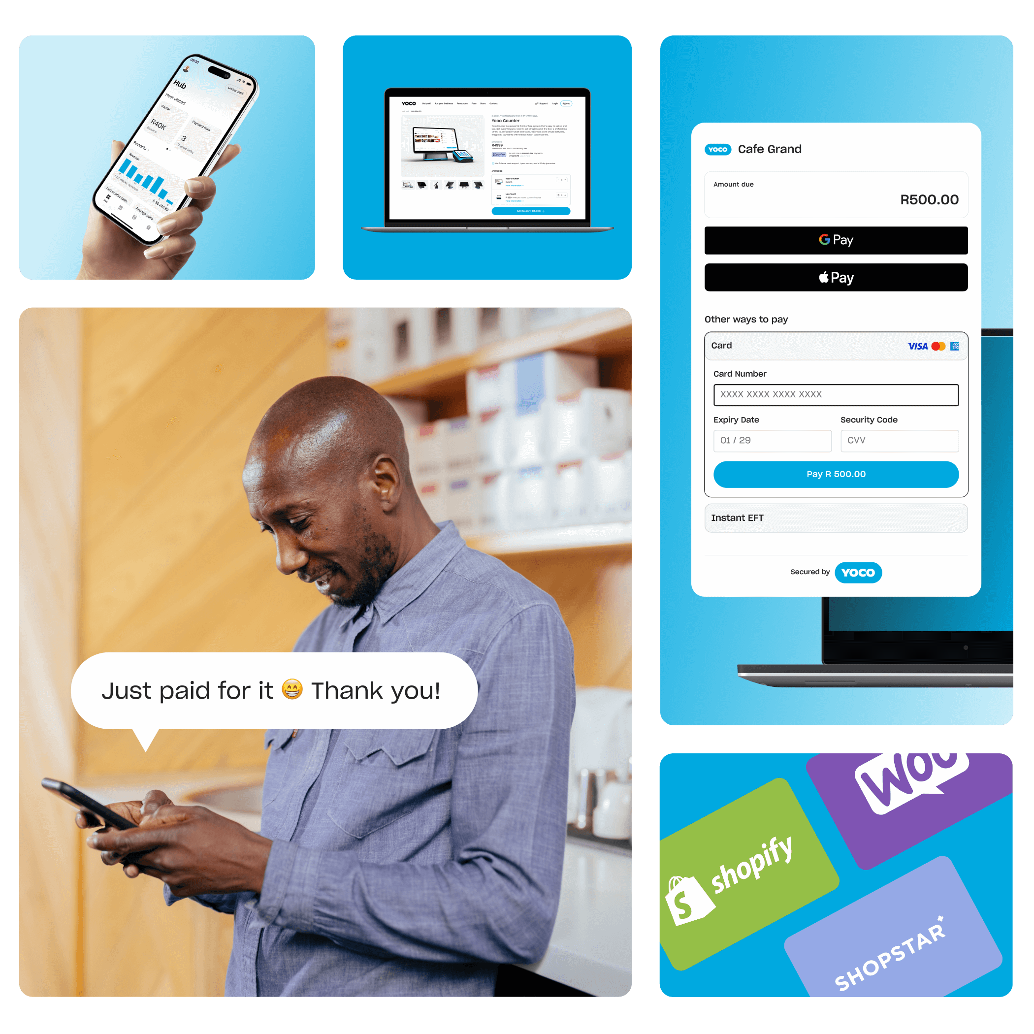 Yoco online payment solutions including mobile tracking, checkout page, and eCommerce platform integrations