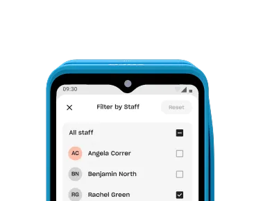 Handheld POS device displaying a “Filter by staff” screen, allowing selection of team members for transaction tracking on a Yoco card reader interface.