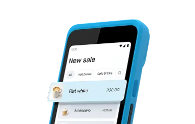 Handheld POS device displaying a “New sale” screen with menu items and pricing.