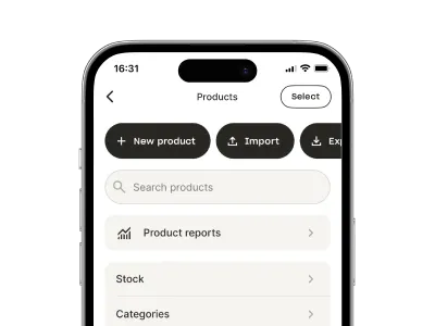 Yoco POS app screen showing product management options on a smartphone.
