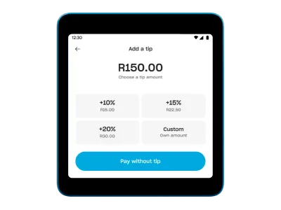 Yoco POS screen showing tip options before completing a payment.