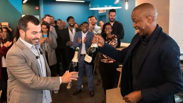 Yoco CEO Katlego and Co-founder Carl at a company event, surrounded by the team.