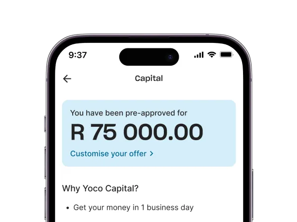 Smartphone screen showing R75,000 pre-approved loan offer from Yoco Capital