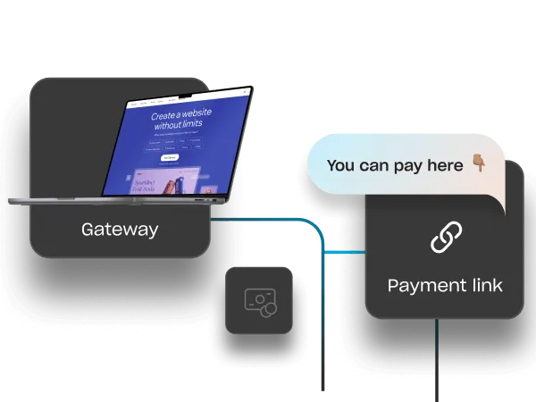 Online payment flow showing a website gateway connecting to a payment link