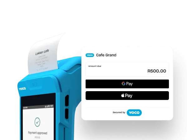 Yoco point of sale device with a printed receipt and payment screen, offering options for Google Pay and Apple Pay.