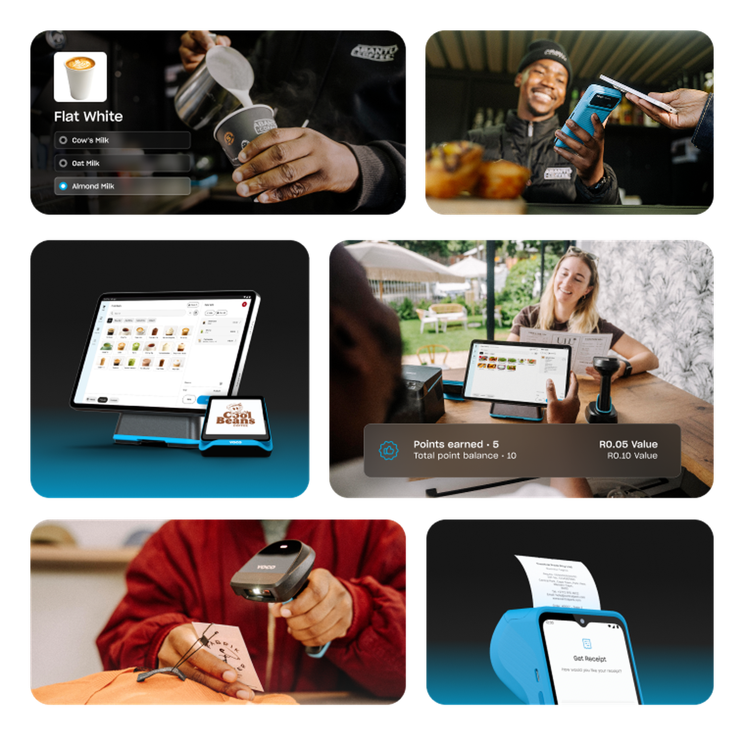 Collage showing a café point-of-sale system in action, including drink customization, card payments, loyalty rewards, barcode scanning, and digital receipts.