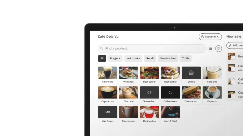 Yoco Counter POS screen displaying a café menu with product images and categories like burgers, hot drinks, and sandwiches.