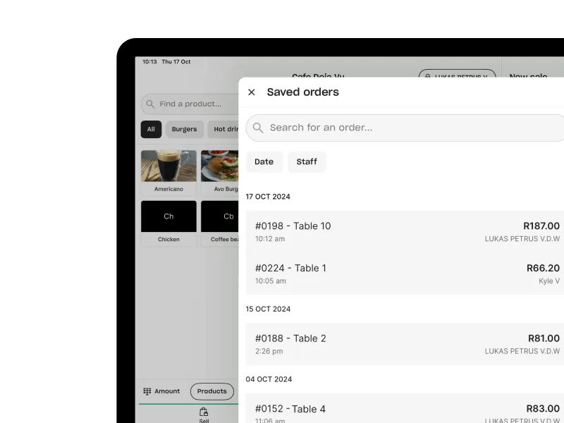 Yoco POS interface showing saved customer orders with order numbers, tables, and amounts.