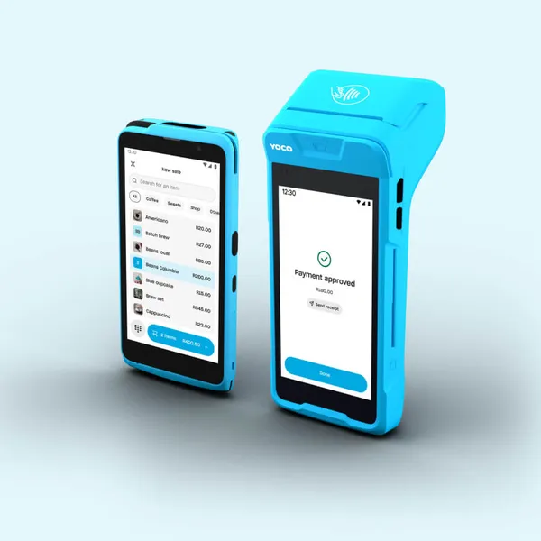 Yoco Khumo and Khumo Print POS card machines showing product list and payment approval screens