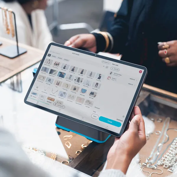 Yoco touchscreen POS system displaying retail product catalogue at a jewellery store